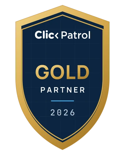 ClickPatrol Gold Partner 2026 shield badge with a gold rim on a dark navy field