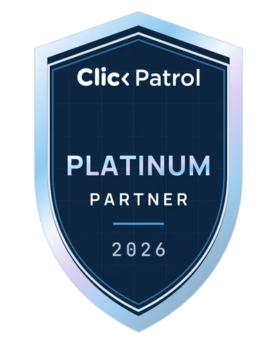 ClickPatrol Platinum Partner 2026 shield badge with an iridescent rim on a dark navy field
