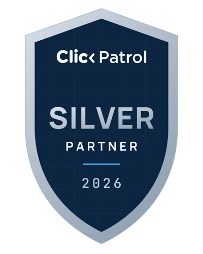 ClickPatrol Silver Partner 2026 shield badge with a silver rim on a dark navy field