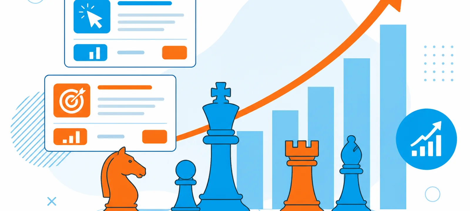 Chess strategy pieces on a rising ROI chart with PPC campaign cards