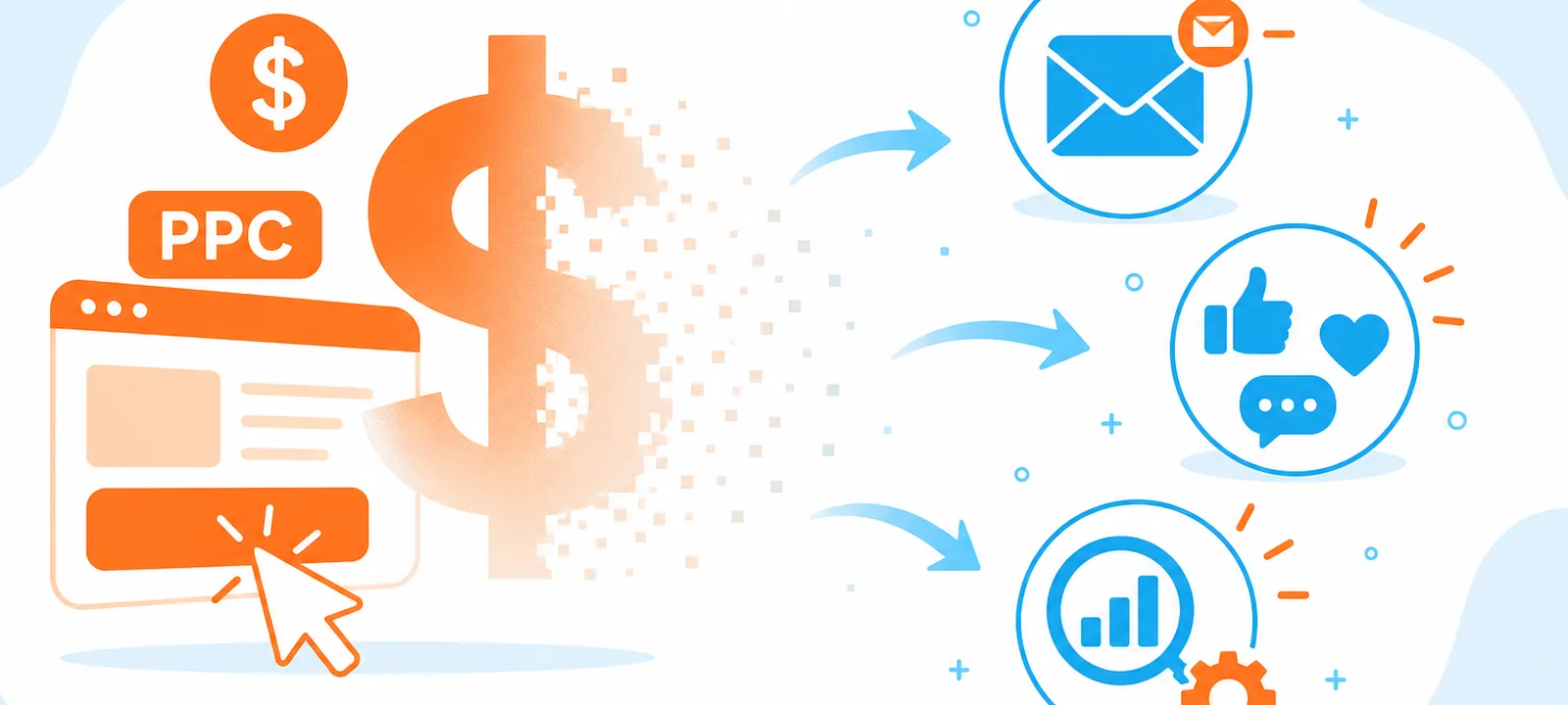 Fading PPC dollar sign surrounded by lighting-up alternative channel icons