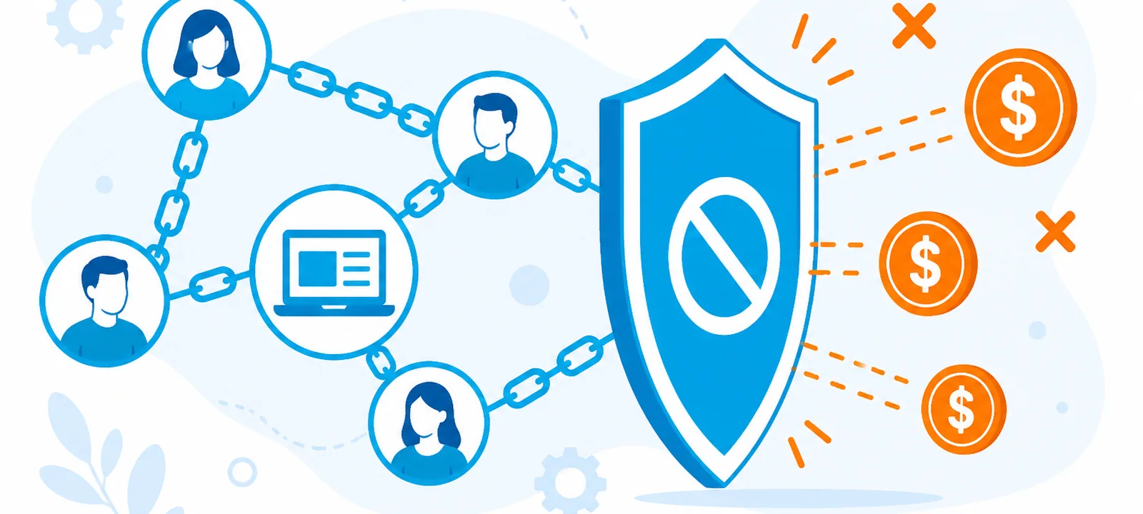 Affiliate network chain links with fake commission coins blocked by a shield