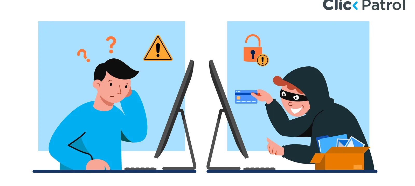 Abstract click-protection scene with geometric icons and brand blue shapes (cover #127).