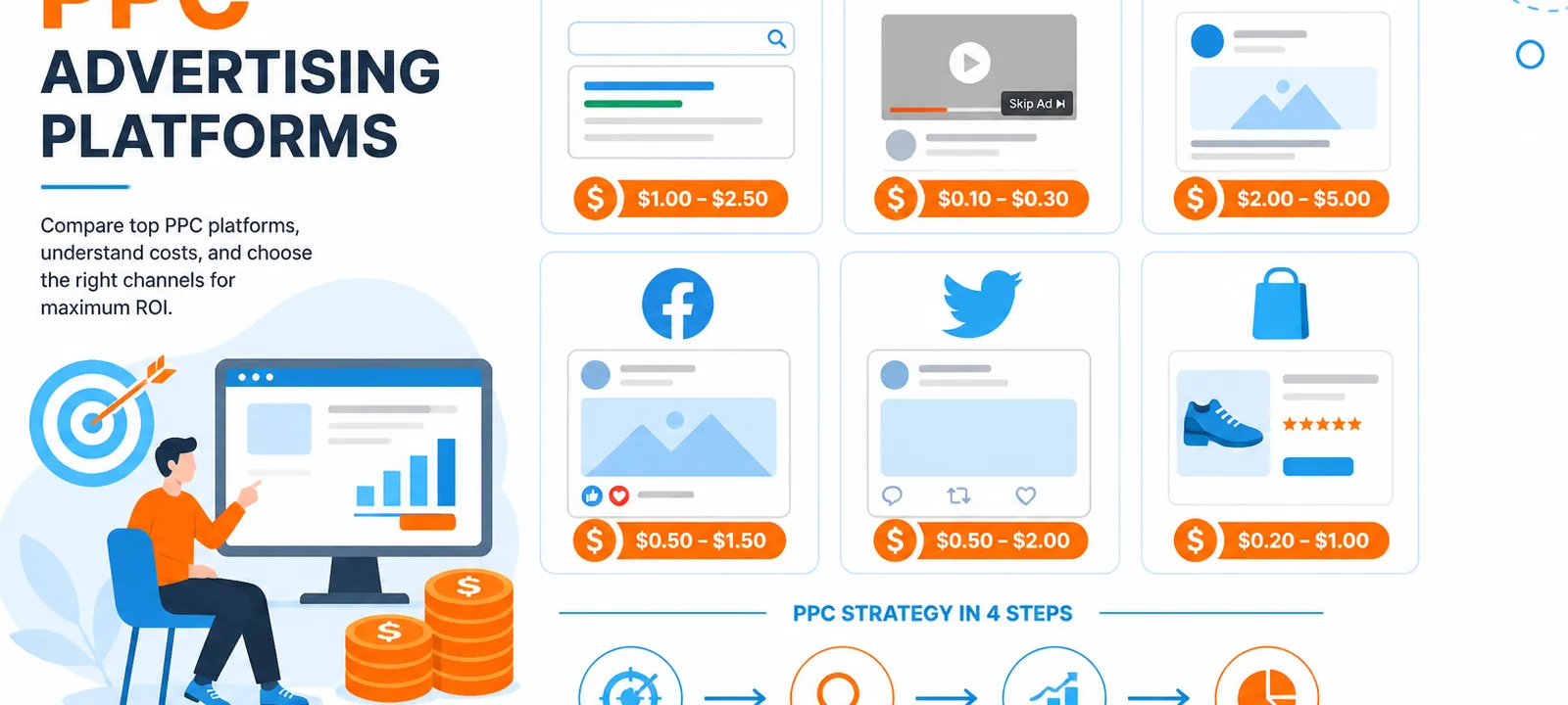 Grid of PPC platform tiles with coin cost tags and strategy arrows