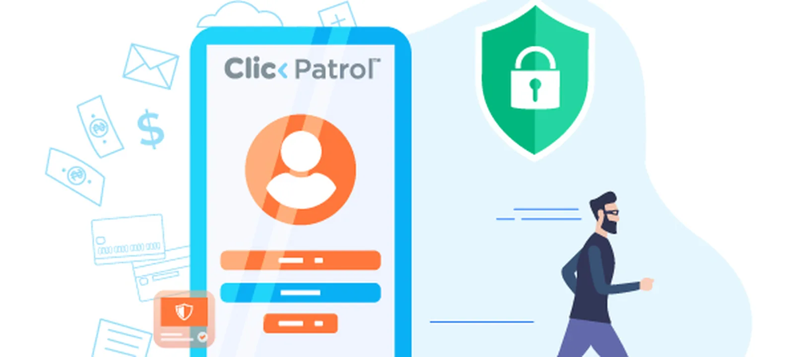 Abstract click-protection scene with geometric icons and brand blue shapes (cover #607).
