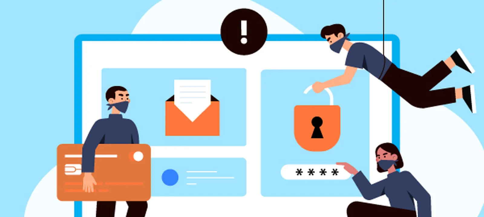 Abstract click-protection scene with geometric icons and brand blue shapes (cover #303).