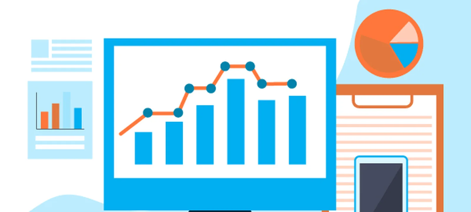 Monitor mockup showing mixed blue and orange analytics bars (cover #308).