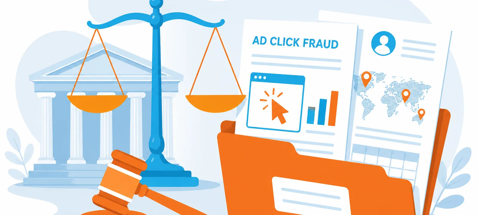 Courthouse scales and gavel beside an evidence folder of click-fraud documents