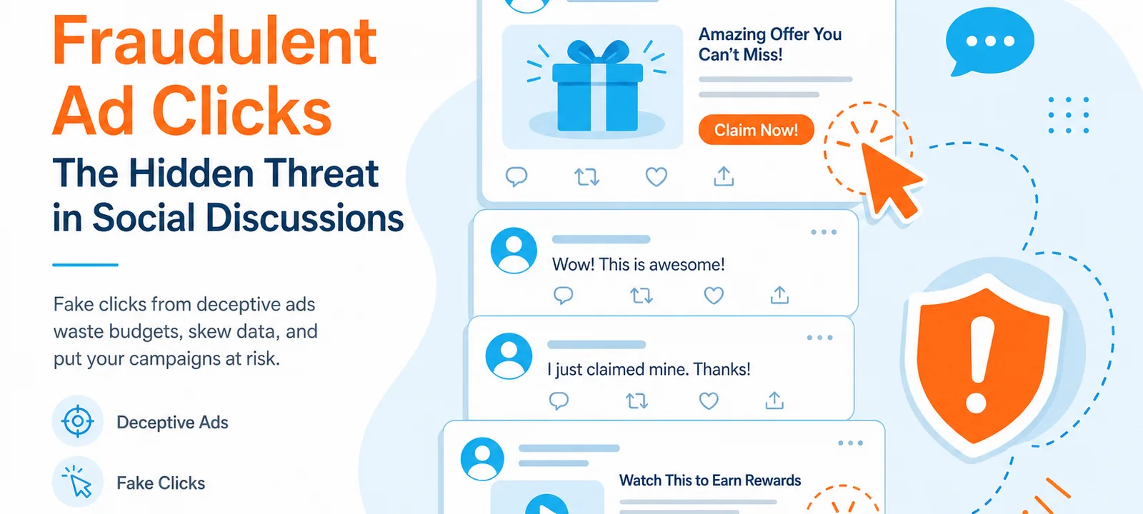 Social feed cards with fraudulent click cursors highlighted and a warning shield