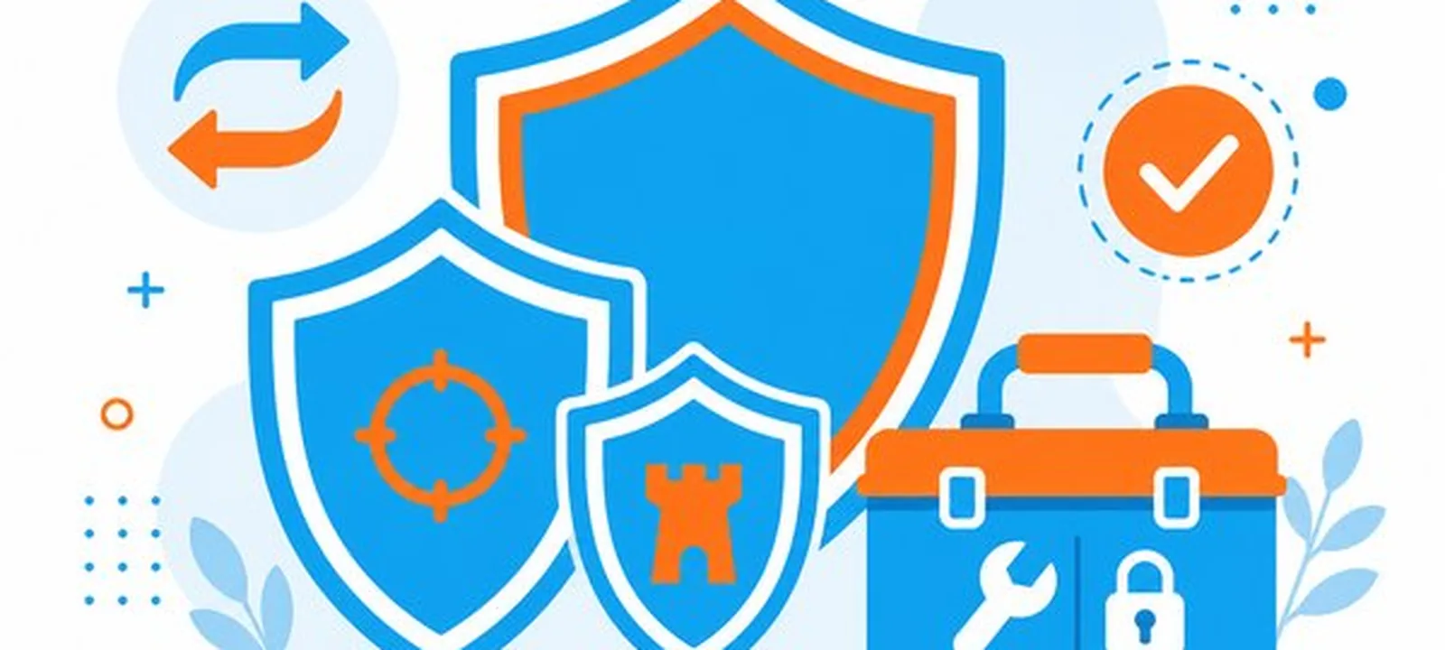 Abstract click-protection scene with geometric icons and brand blue shapes (cover #327).