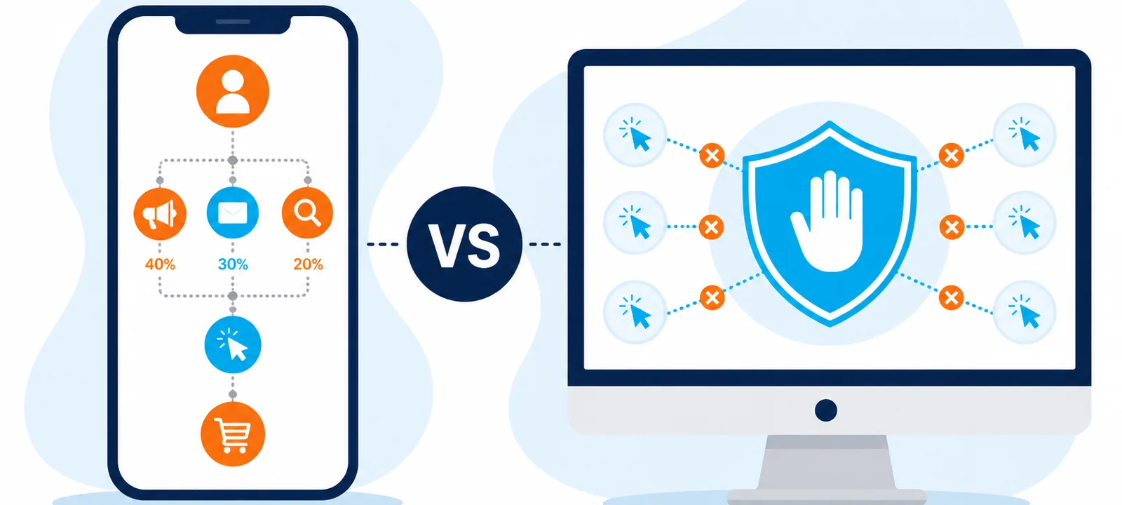 Smartphone attribution chart facing a desktop click-fraud shield with a VS badge