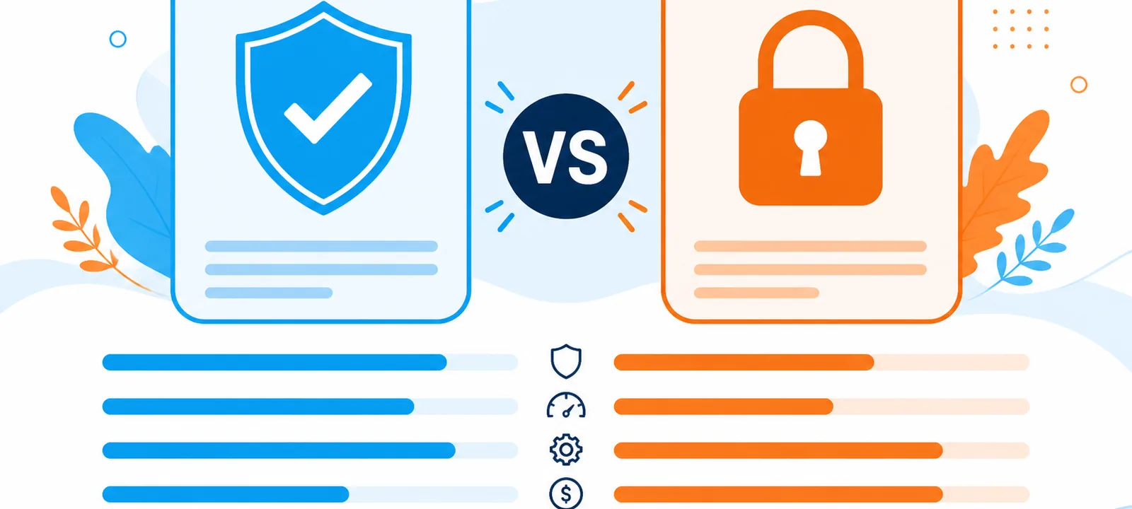 Two fraud-tool panels facing off with a VS badge: shield check versus padlock
