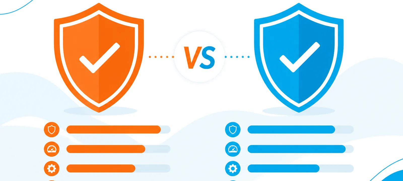 Two shields compared side by side with a VS badge and simple metric bars
