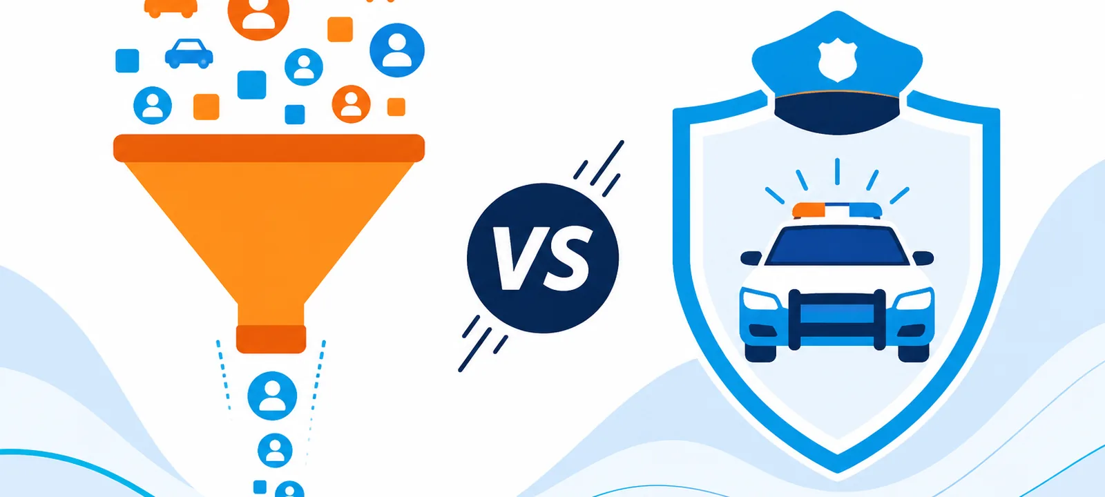 Traffic filter funnel facing a patrol shield with a navy VS badge between them