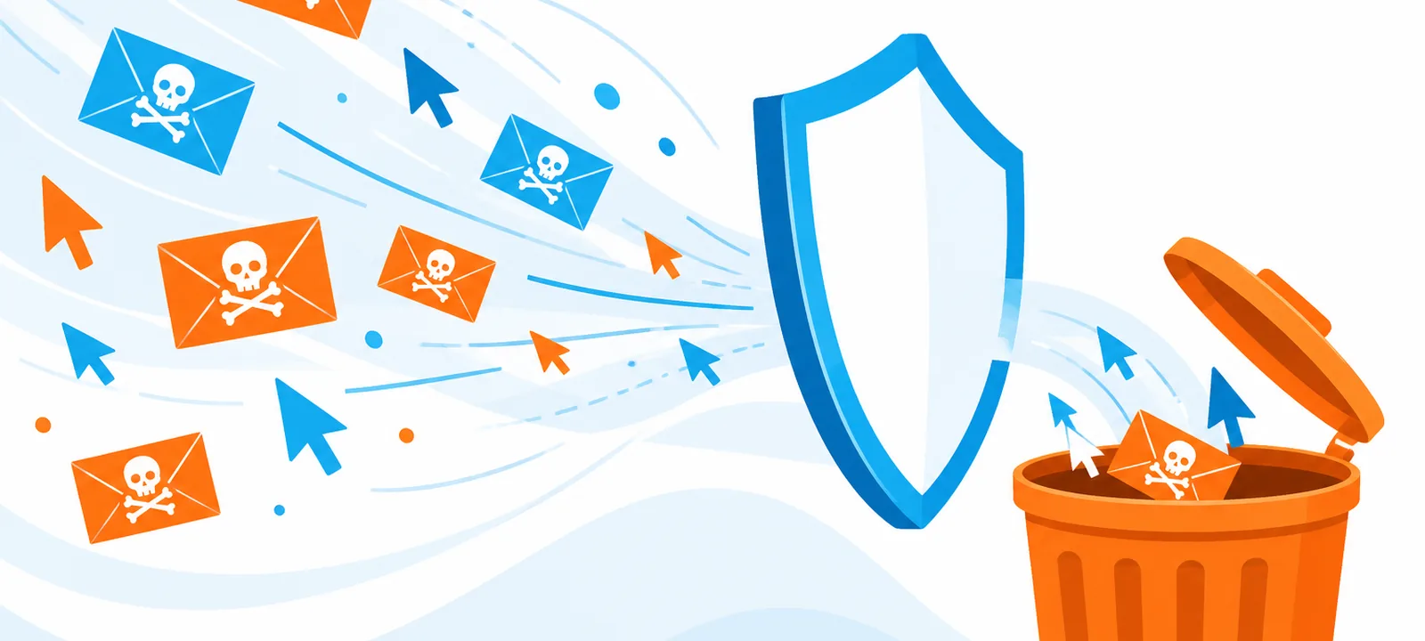 Spam click envelopes and cursors swept by a shield into an orange trash bin