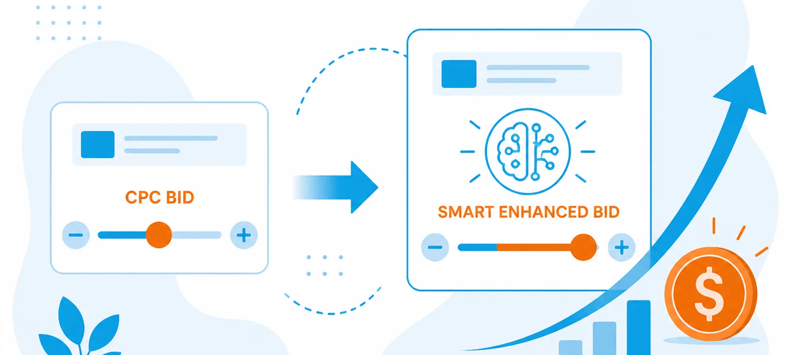 CPC bid slider transforming into a smart enhanced bid with conversion arrow