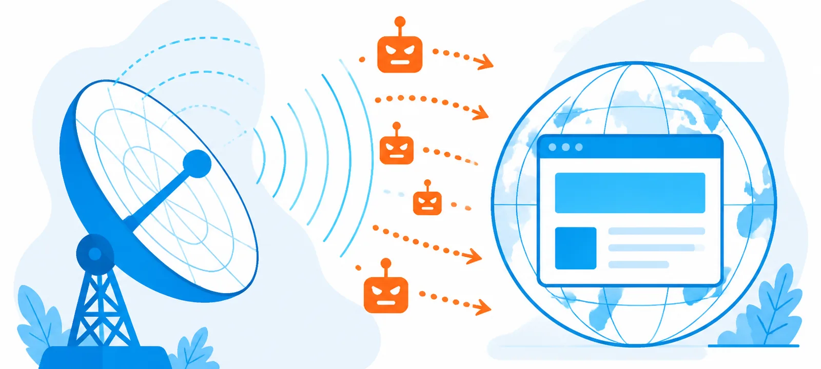 Radar dish detecting fake traffic waves approaching a website globe