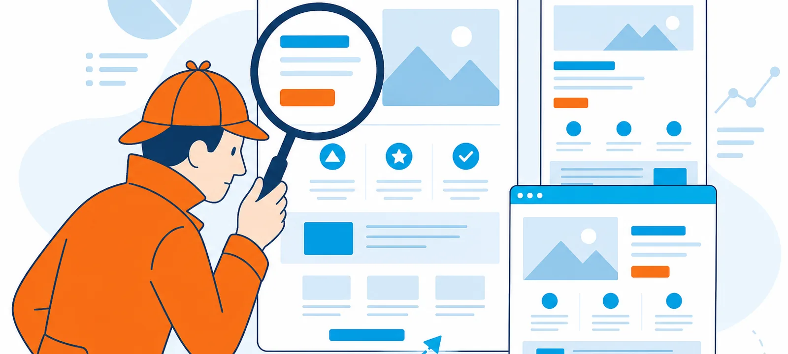 Detective magnifying glass inspecting competitor landing-page browser mockups