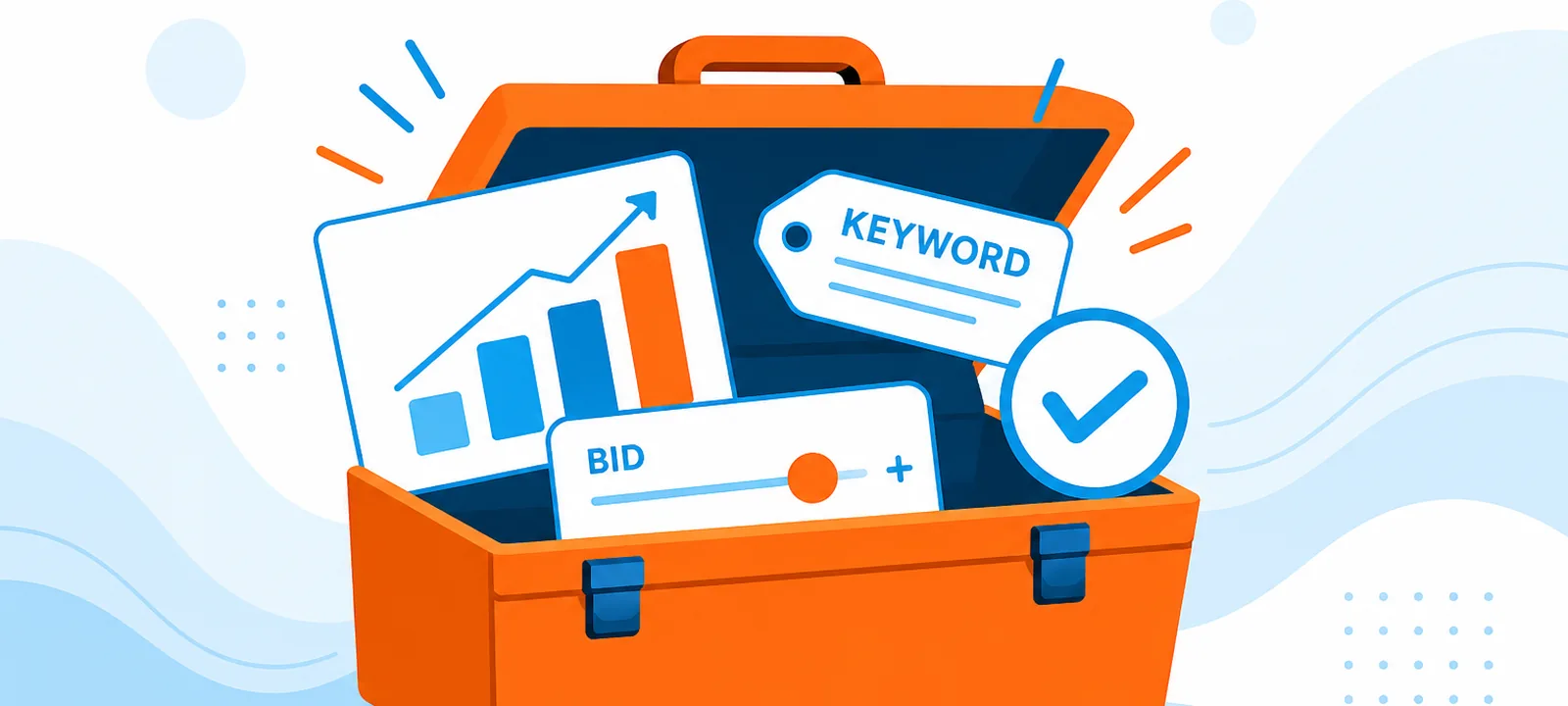 Open free toolbox revealing chart, bid slider, keyword tag and checkmark icons