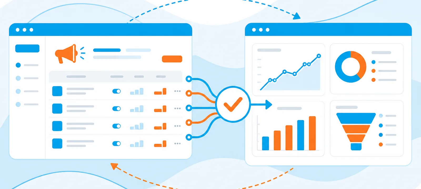 Ads campaign dashboard linked to an analytics chart by conversion path arrows