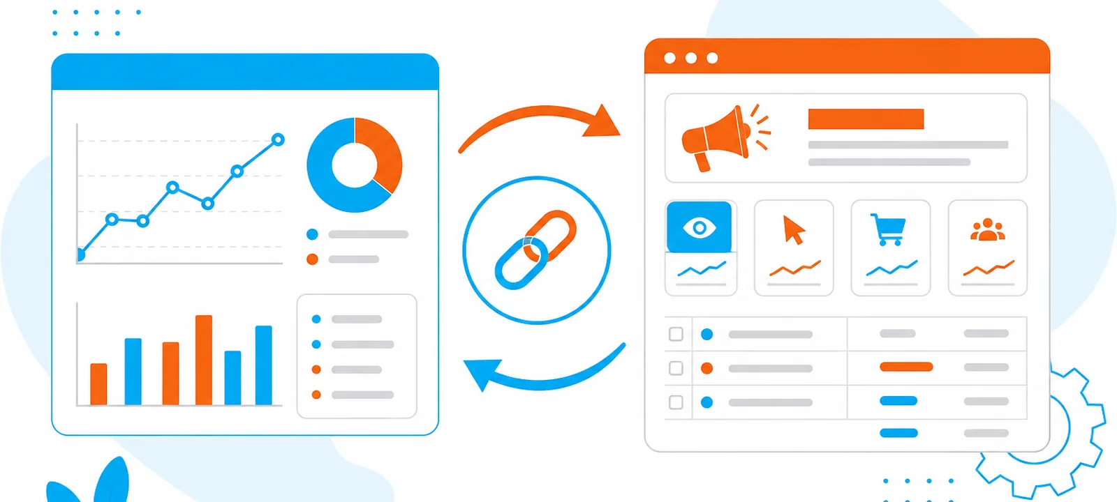 Analytics chart panel and ads campaign panel merging with sync arrows