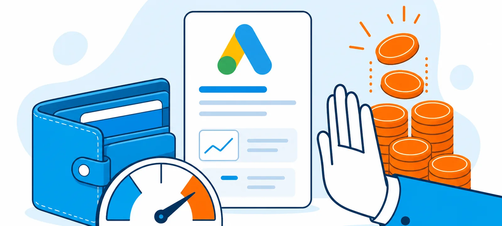 Open wallet and budget meter next to an ads card with a hand stopping overflowing coins
