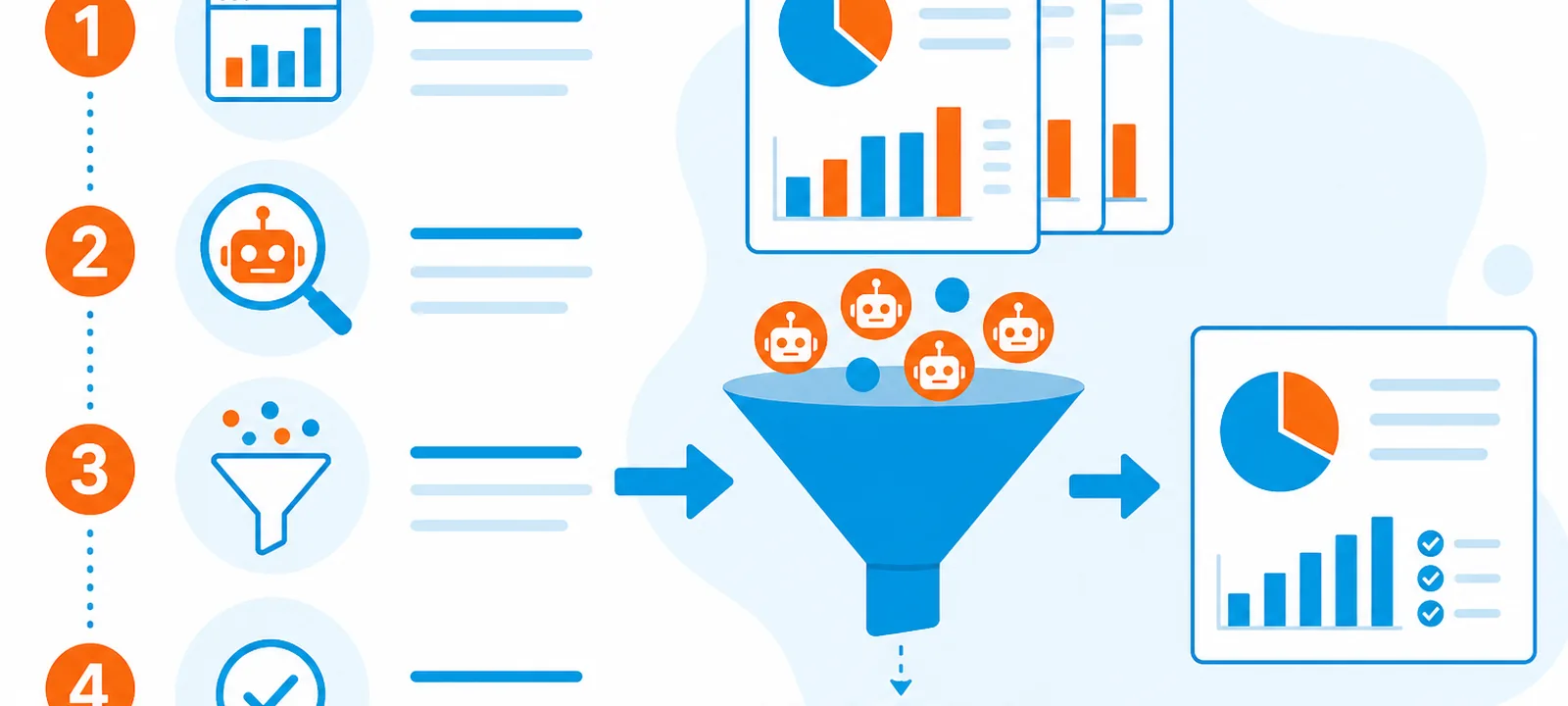 Numbered checklist steps filtering robot icons out of analytics reports