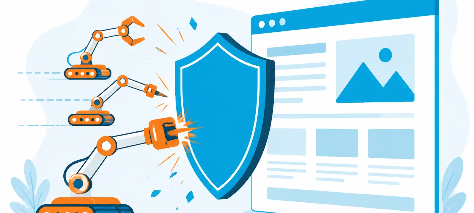 Scraper robot arms hitting a website wall blocked by a large blue shield