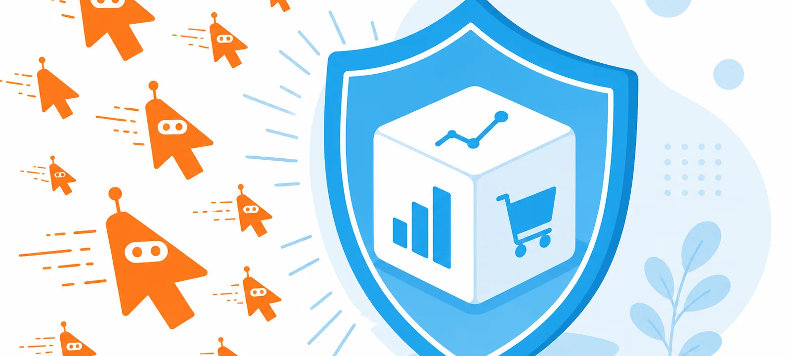 Performance Max cube protected by a blue shield from a swarm of bot cursors