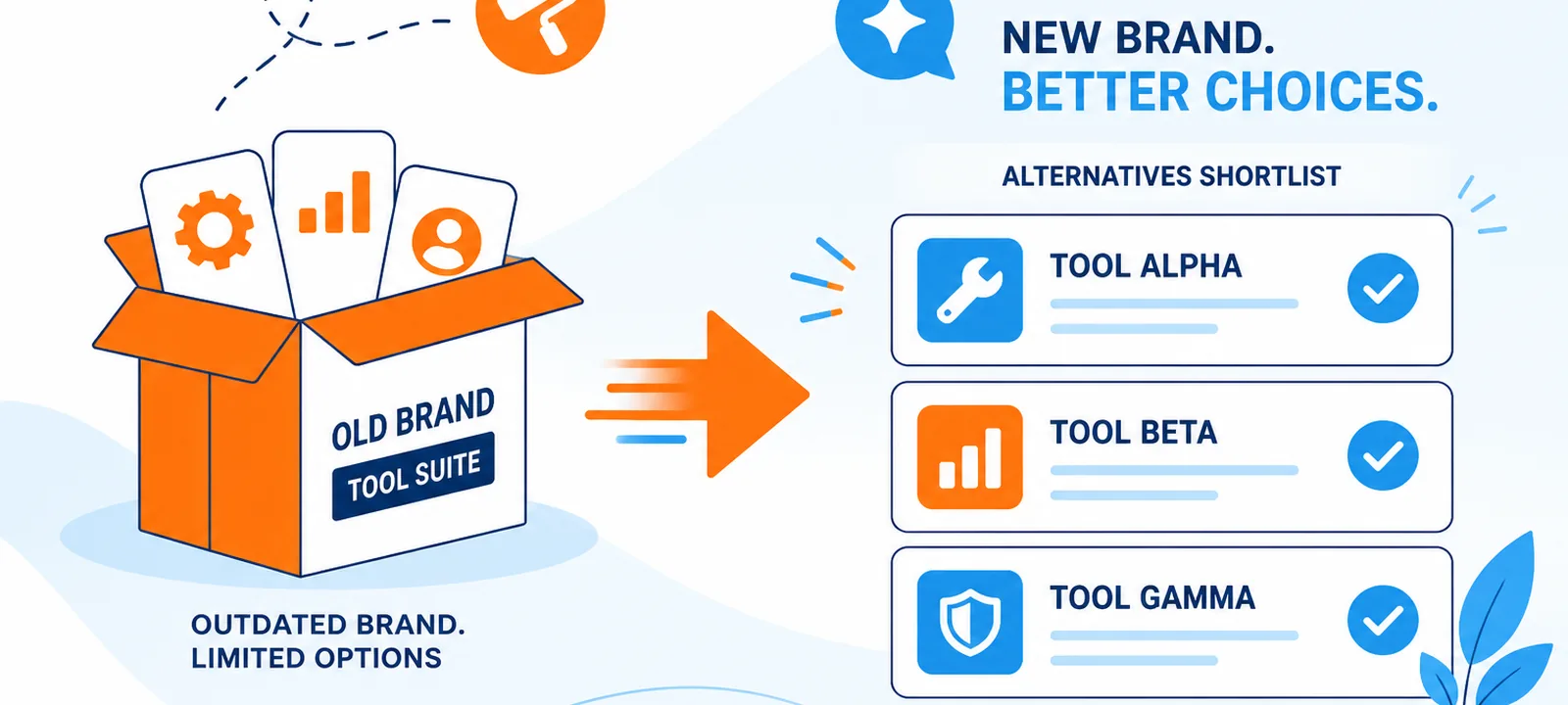 Rebrand package transforming into an alternatives shortlist of tool cards