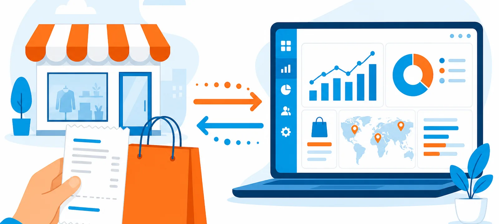 Store receipt and shopping bag connecting with arrows to an analytics dashboard