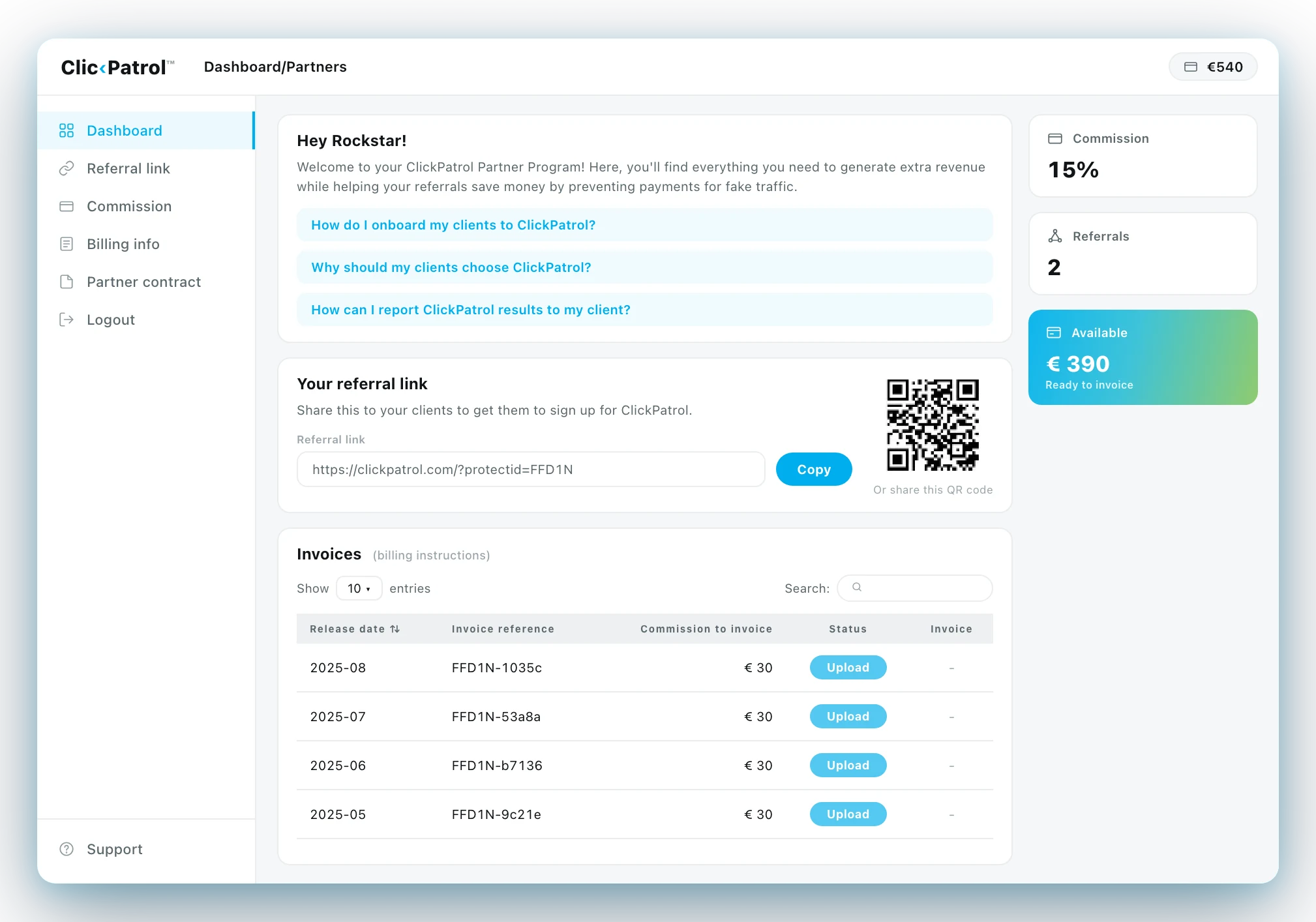 ClickPatrol partner dashboard with commission rate, referrals, available payout, referral link with QR code and invoices