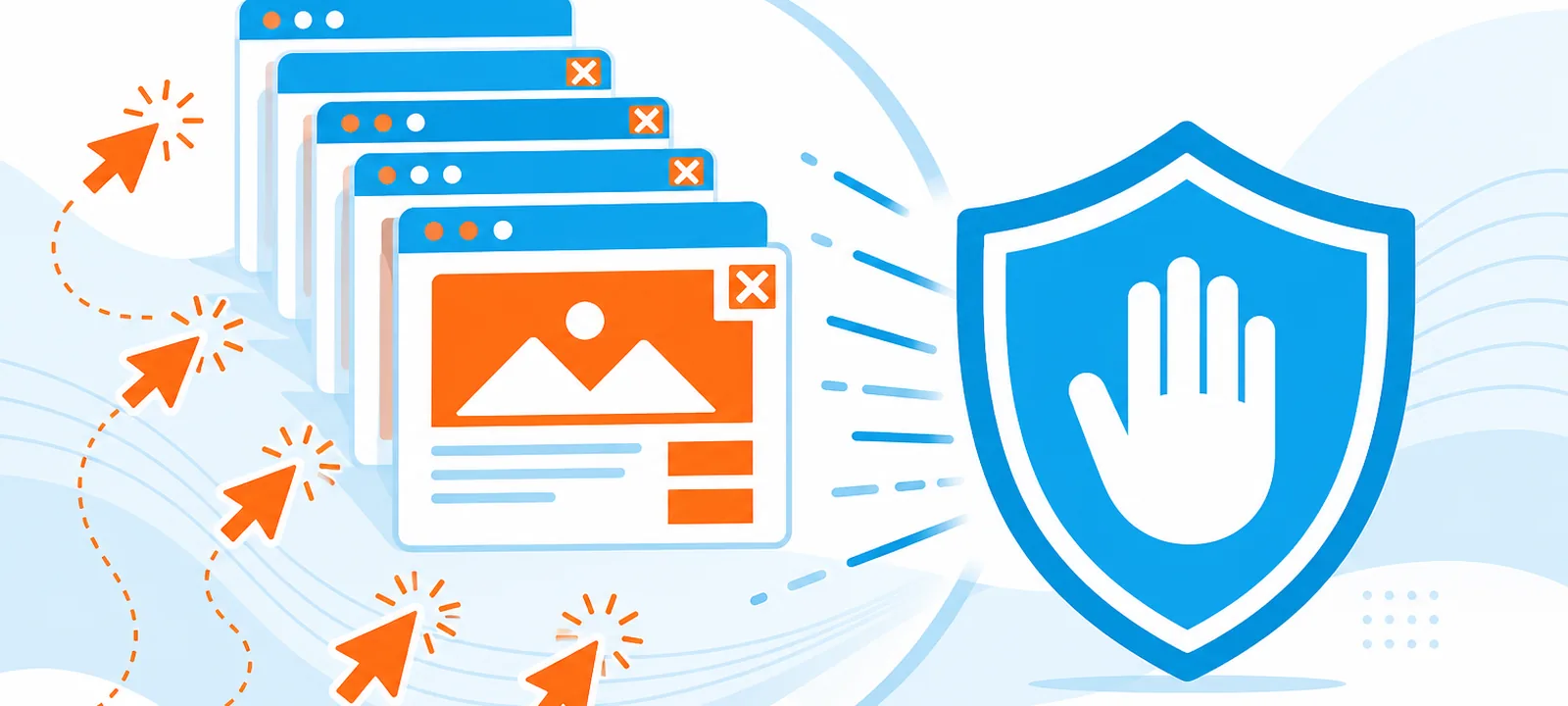Stack of pop-under ad windows with fraudulent clicks stopped by a shield