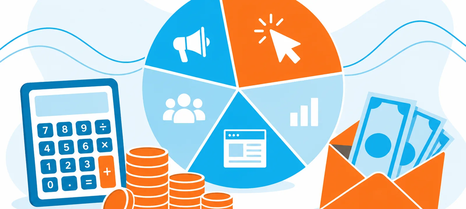 Calculator and coin stacks next to a PPC cost breakdown pie chart