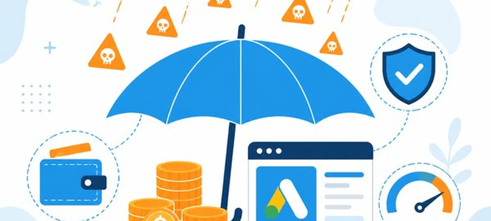Abstract click-protection scene with geometric icons and brand blue shapes (cover #319).