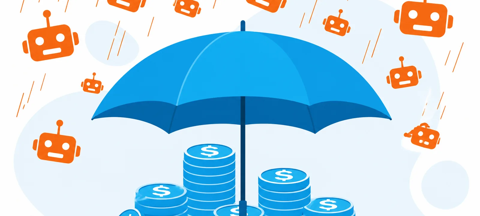 Blue umbrella shielding PPC budget coins from raining orange bot icons