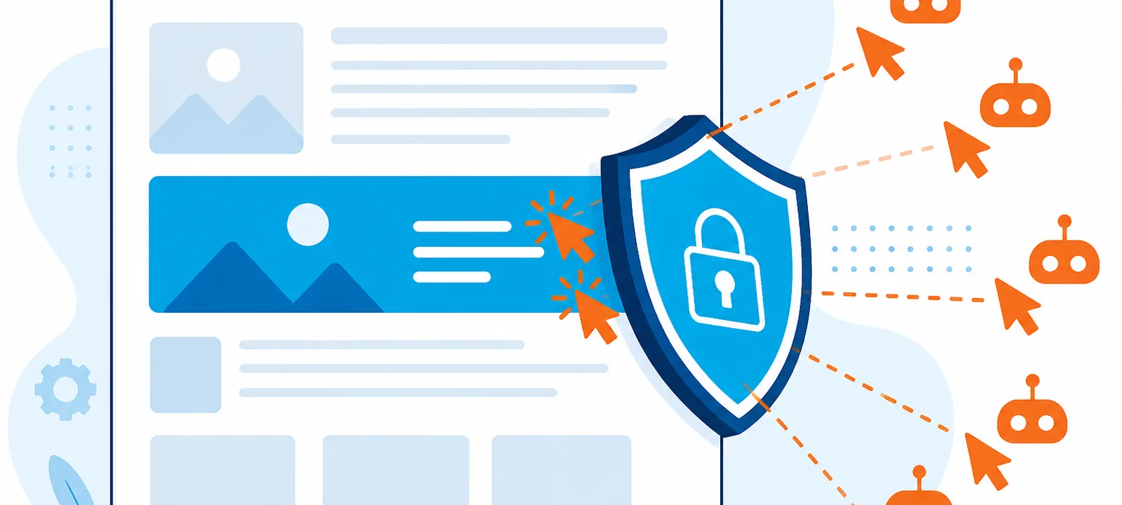 Display ad banner on a webpage with a shield blocking orange bot cursors