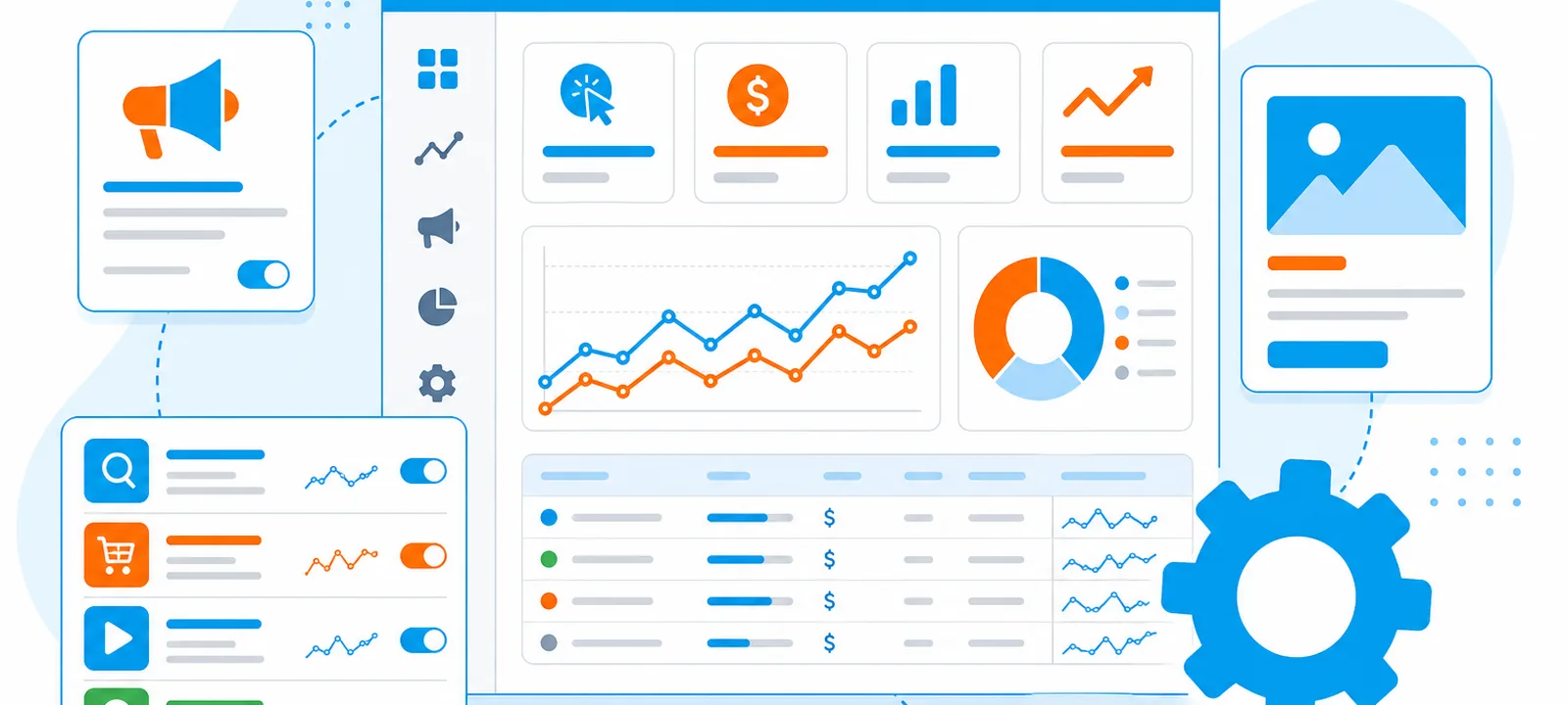 PPC management dashboard collage with campaign cards, charts and a settings gear