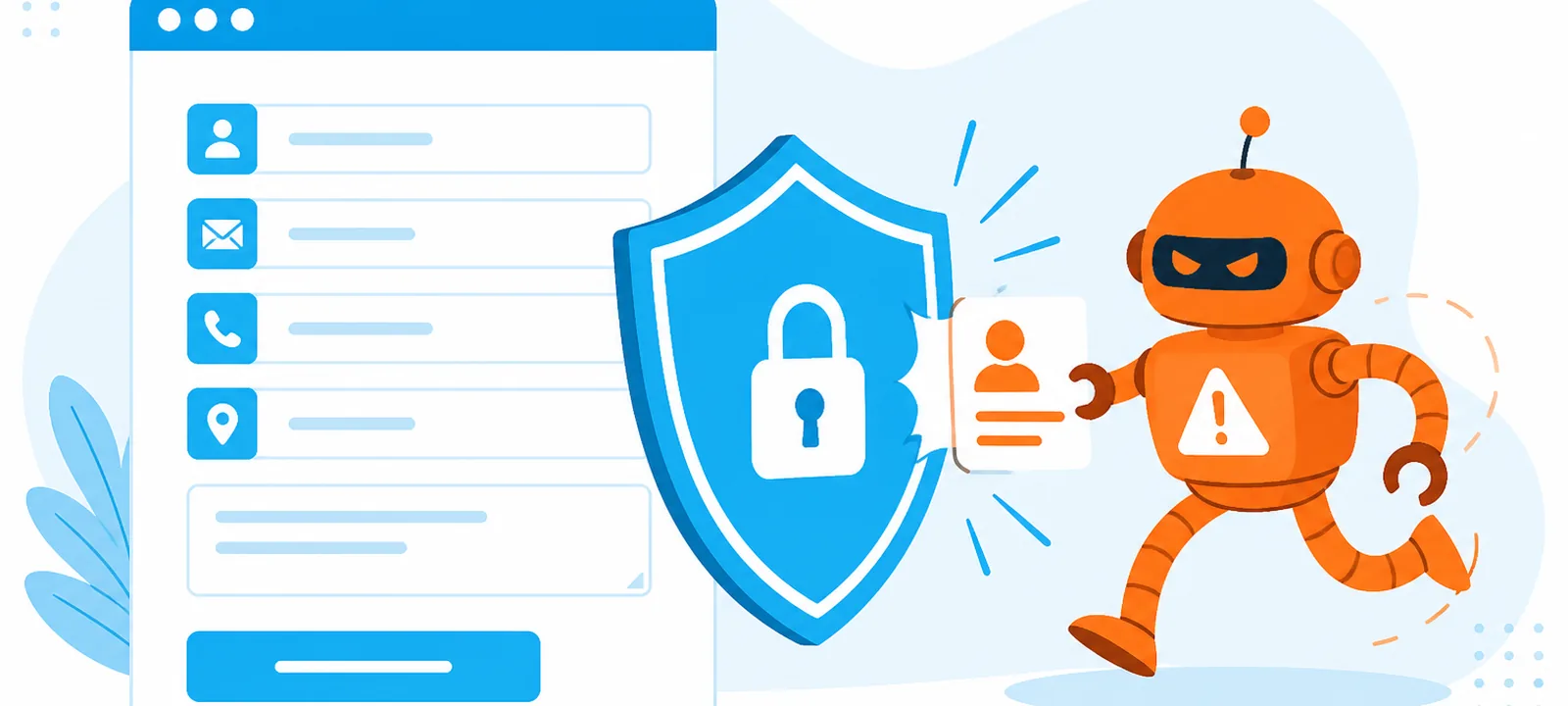 Website form fields protected by a blue shield blocking an orange robot submitting leads