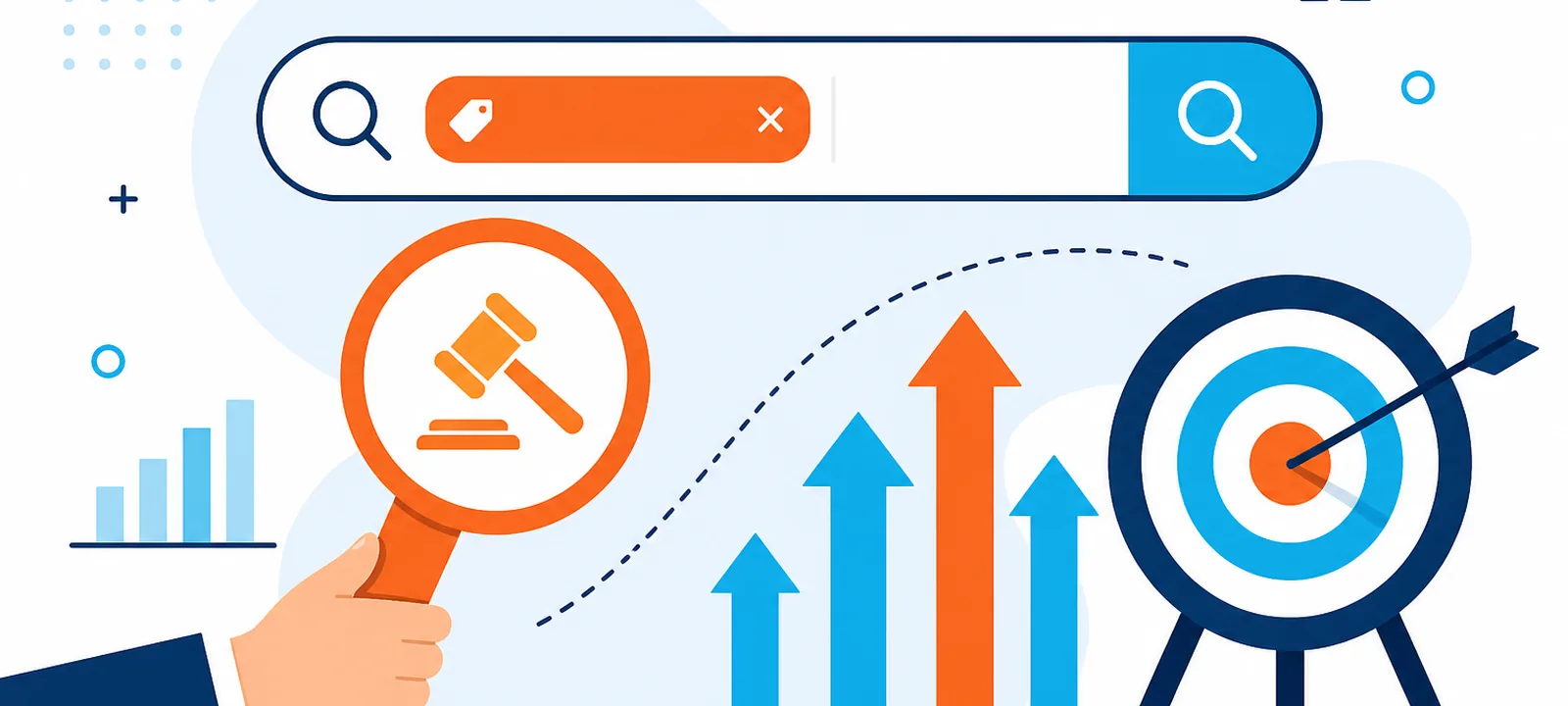 Search bar with brand keyword tag, auction paddle, bid arrows and a bullseye target