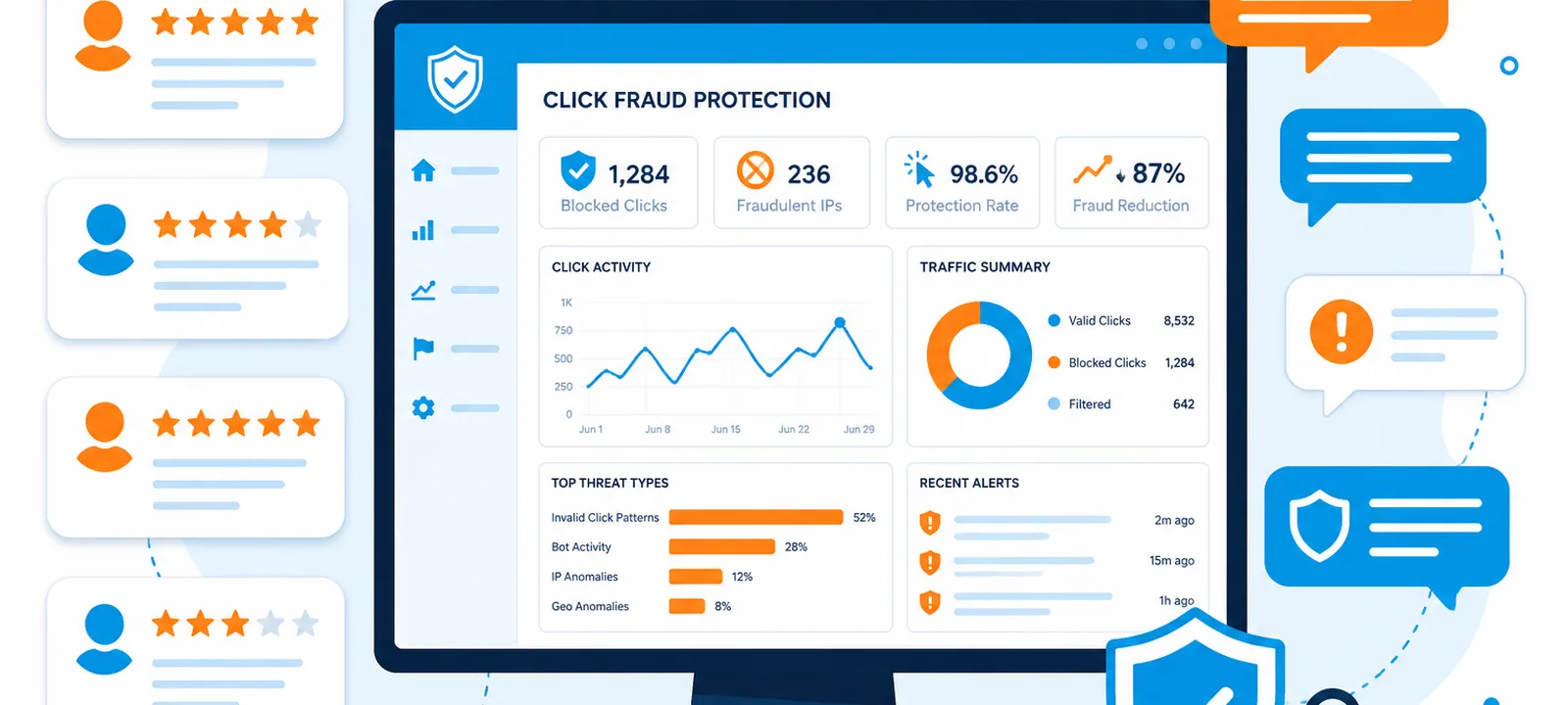 Star-rating review cards and speech bubbles around a protection dashboard monitor