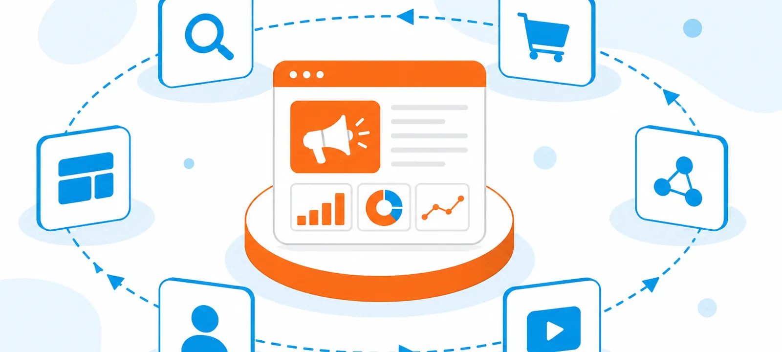 Central ads platform icon with rival PPC platform tiles orbiting around it