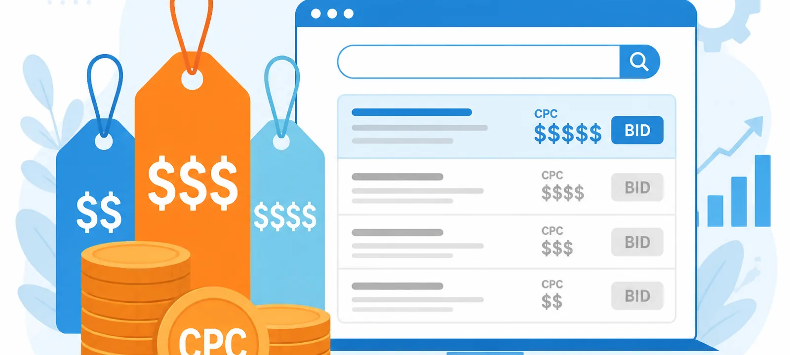 Expensive keyword price tags and stacked CPC coins beside a search auction