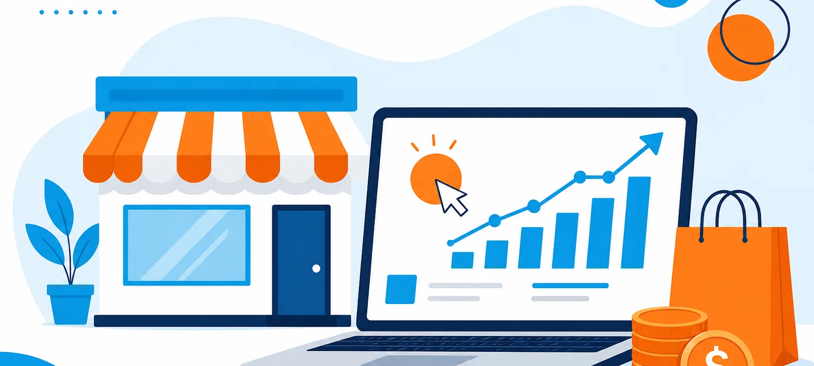 Laptop showing a rising PPC chart beside a small-business storefront and shopping bag icons